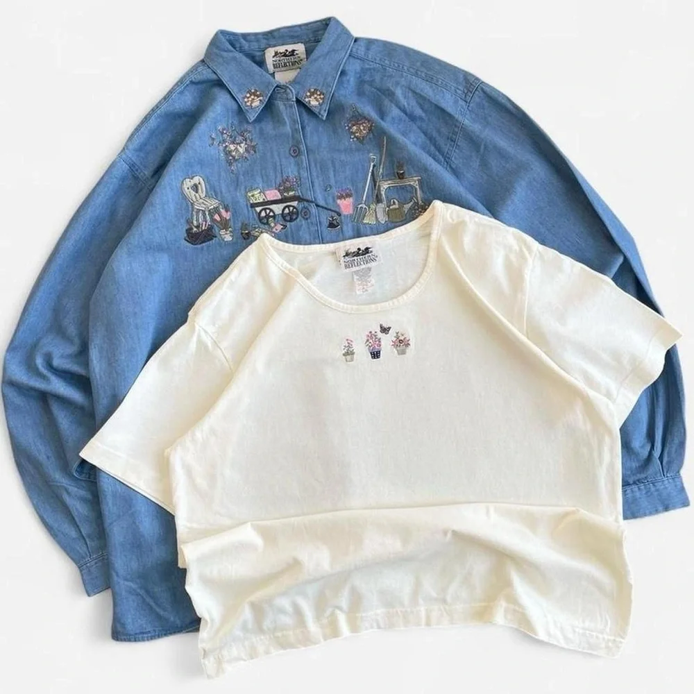 90s Northern Reflections 2pc Embroidered Flowers Gardening Button Down & Tee L - Picture 1 of 8